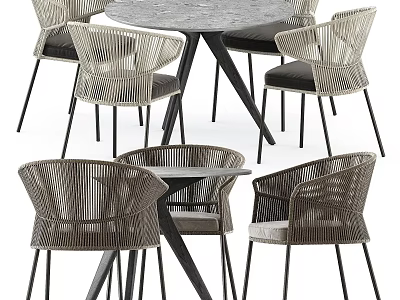 Modern Dining Table Set With Rattan Chairs And Metal Legs Design 3d model