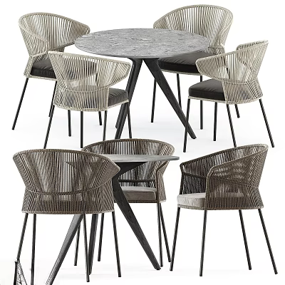 Modern Dining Table Set With Rattan Chairs And Metal Legs Design 3d model