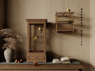 Rustic Wooden Decorative Ornament Set With Birdcages Vase Dried Flowers Book And Fruits 3d model