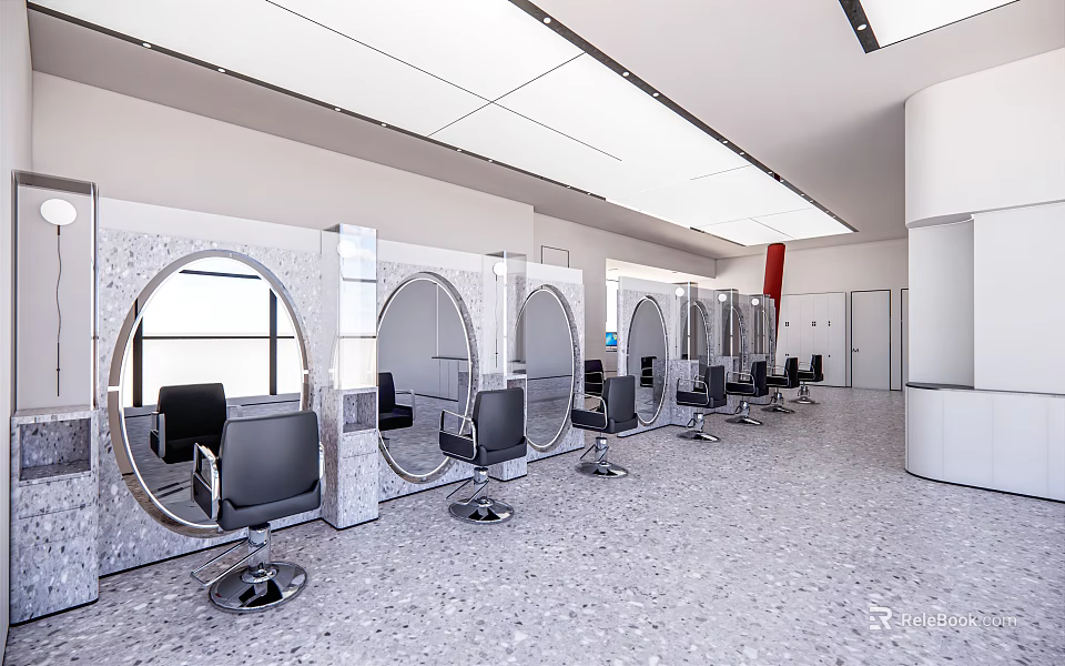 Modern Hair Salon Interior Design With Multiple Styling Chairs And Mirrors 3d model 