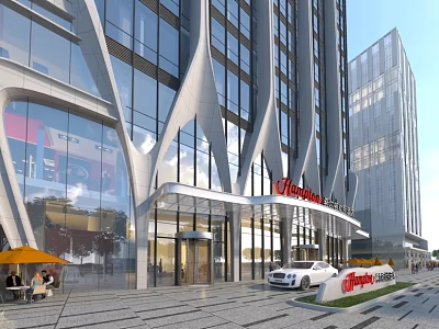 Hilton Hotel Building Modern Architecture With Glass Facade Entrance And Outdoor Seating Area 3d model