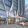 Hilton Hotel Building Modern Architecture With Glass Facade Entrance And Outdoor Seating Area