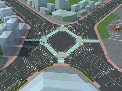 Urban Road Intersection With Multiple Lanes Central Traffic Island And Surrounding Buildings 3d model