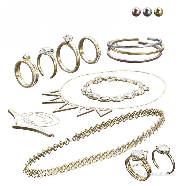 Elegant Jewelry Pieces Including Gold Silver Rings Bracelets Diamond Necklaces And Geometric Chains 3d model 