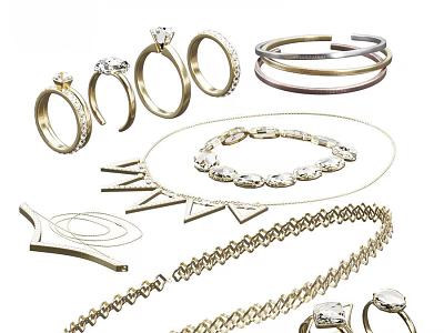 Elegant Jewelry Pieces Including Gold Silver Rings Bracelets Diamond Necklaces And Geometric Chains 3d model