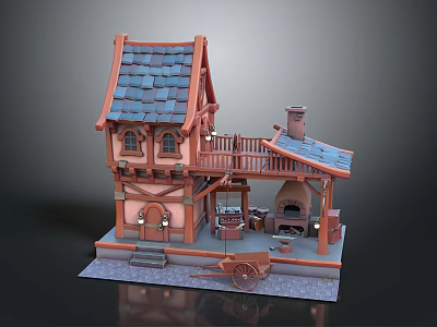 Traditional Village Cottage Building With Red Roof Blue Tiles Balcony Chimney Oven And Wooden Cart 3d model