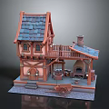 Traditional Village Cottage Building With Red Roof Blue Tiles Balcony Chimney Oven And Wooden Cart