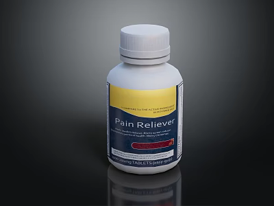 White Pain Reliever Bottle With Yellow And Blue Label For Pain Relief 3d model
