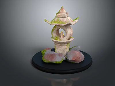 Traditional Stone Garden Lantern With Moss Covered Structure And Base Stones 3d model