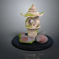 Traditional Stone Garden Lantern With Moss Covered Structure And Base Stones
