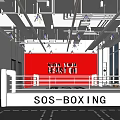 Modern SOS BOXING Exhibition Hall With White Boxing Ring And Red Motivational Backdrop