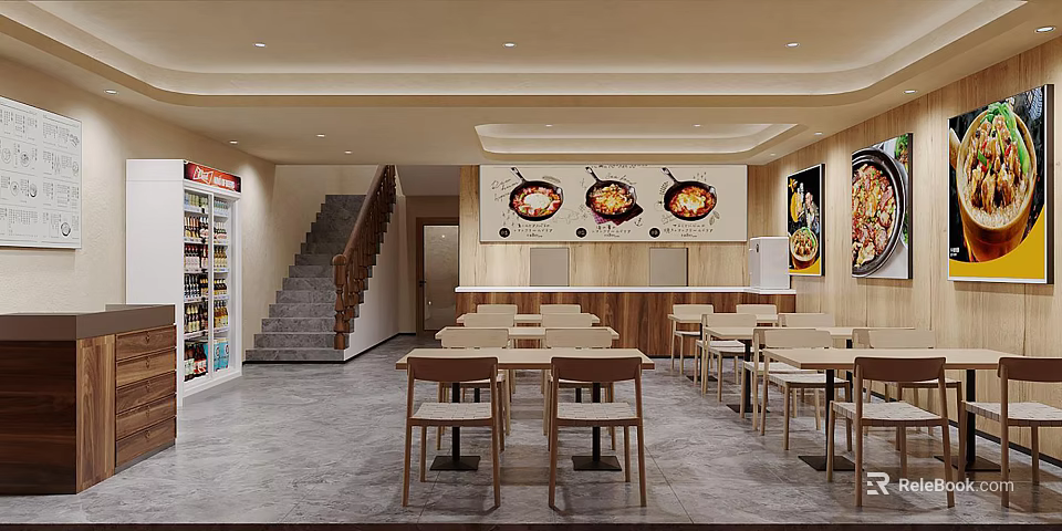 Modern Restaurant Interior With Tables Chairs Menu Posters Beverage Refrigerators And Staircase 3d model 