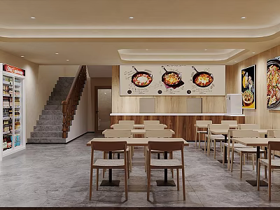 Modern Restaurant Interior With Tables Chairs Menu Posters Beverage Refrigerators And Staircase 3d model
