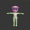 Cartoon Cat Game Movie Character With Blue Eyes Pink Ears And Stretching Arms