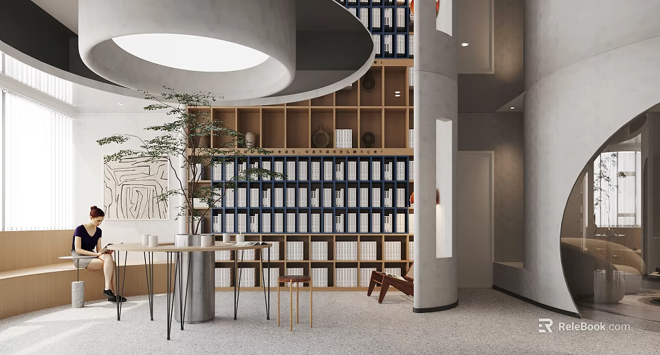 Book Art Display In Modern Library With Wooden Shelves Art Books And Decorative Paintings 3d model 