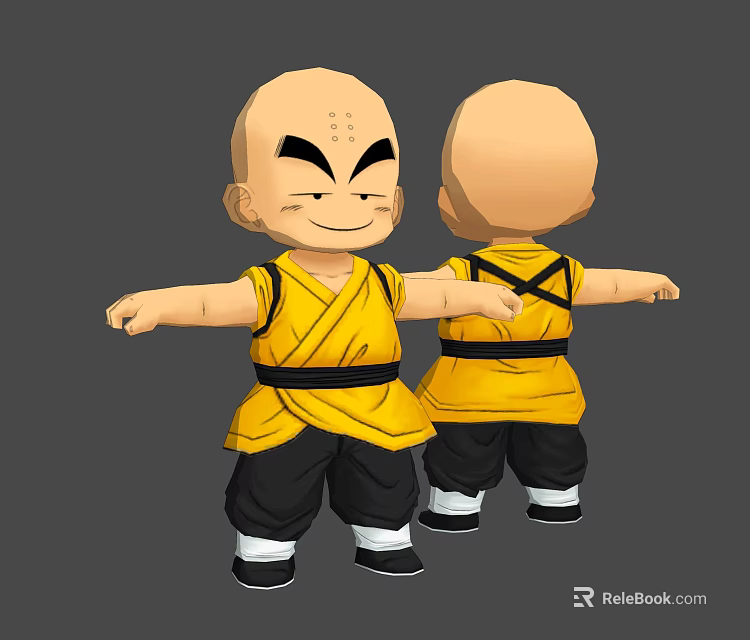 Anime Game Character Bald Head Yellow Martial Uniform Black Belt Outstretched Arms Front Back Views 3d model 