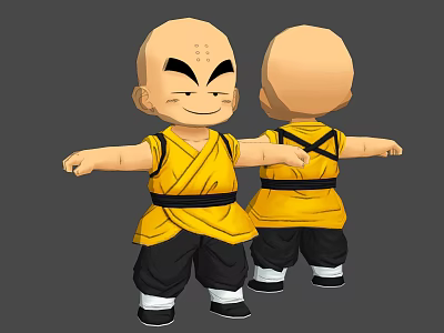 Anime Game Character Bald Head Yellow Martial Uniform Black Belt Outstretched Arms Front Back Views 3d model