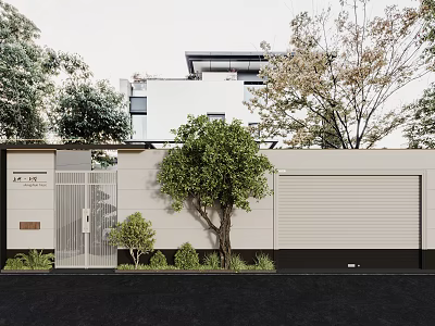 Modern Entrance Gate With Glass Design Metal Frame And Greenery Around Contemporary House 3d model