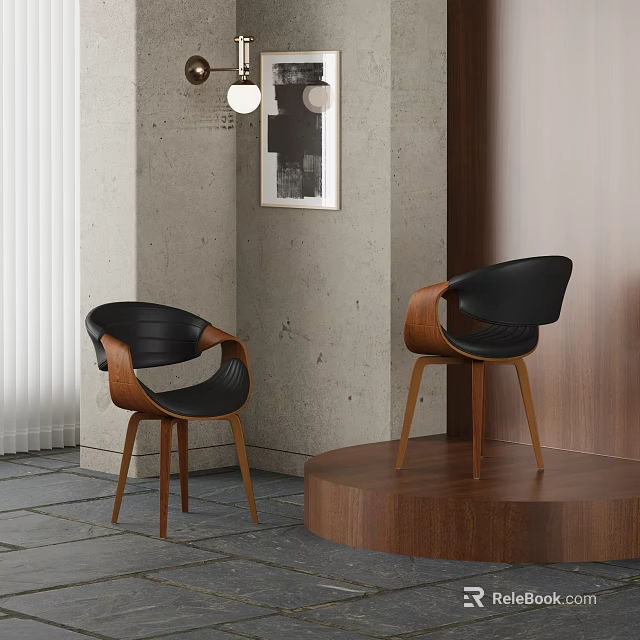 Modern Black Leather Dining Chairs With Wooden Legs Against Grey Walls And Artwork 3d model 