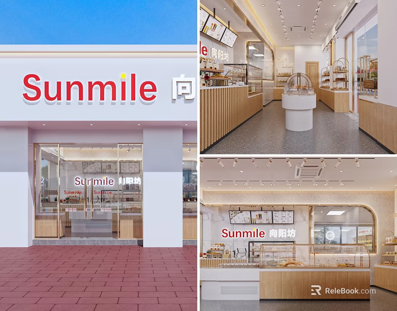 Sunmile Dessert Shop Interior With Wooden Display Cabinets Glass Cases And Fresh Pastries 3d model 