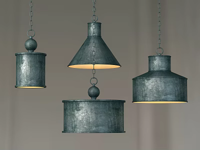 Three Modern Brushed Metal Pendant Lights with Unique Cylinder and Cone Shapes 3d model