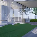 Modern White Pergola Open Structure At Entrance With Trees Road And Pedestrians