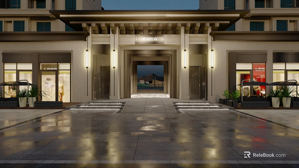 Marinel Entrance Gate Nighttime Scene With Illuminated Lighting Wet Pavement Steps 3d model 
