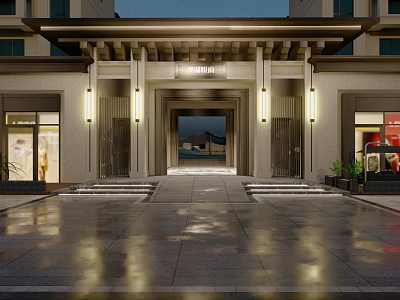 Marinel Entrance Gate Nighttime Scene With Illuminated Lighting Wet Pavement Steps 3d model