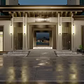 Marinel Entrance Gate Nighttime Scene With Illuminated Lighting Wet Pavement Steps