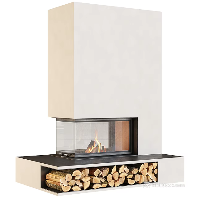 Modern Fireplace Design With Glass Front And Built In Wood Storage 3d model 