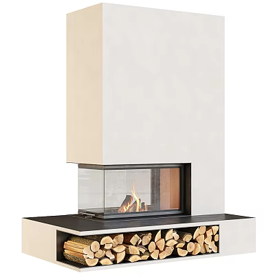 Modern Fireplace Design With Glass Front And Built In Wood Storage 3d model