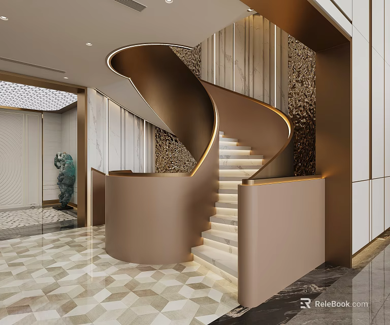 Modern Luxurious Interior With Spiral Staircase Decorative Wall And Marble Floor 3d model 