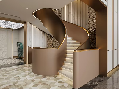 Modern Luxurious Interior With Spiral Staircase Decorative Wall And Marble Floor 3d model