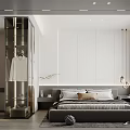 Modern Minimalist Bedroom Interior Design With Large Bed Glass Wardrobe And Hanging Lamps