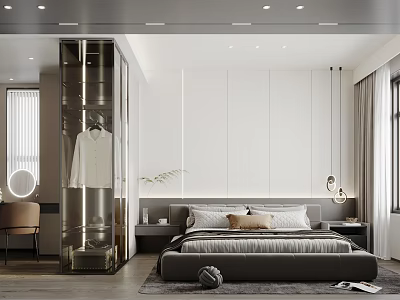 Modern Minimalist Bedroom Interior Design With Large Bed Glass Wardrobe And Hanging Lamps 3d model