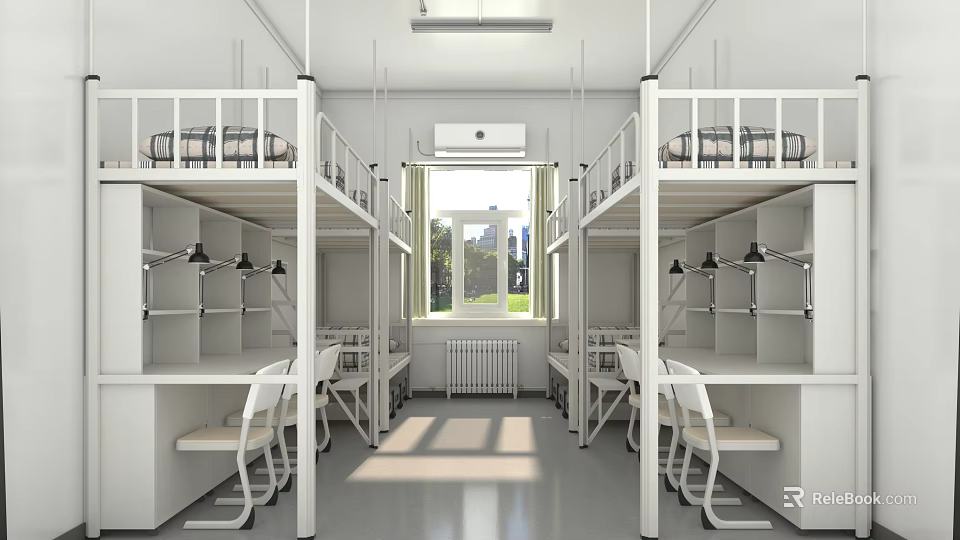 Modern School Dormitory Interior With Bunk Beds Desks Chairs And Natural Light 3d model 