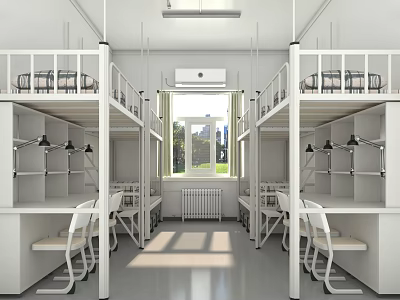 Modern School Dormitory Interior With Bunk Beds Desks Chairs And Natural Light 3d model