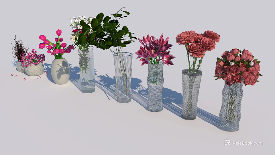 Assorted Glass Vases with Colorful Flowers and Green Leaves Arrangement 3d model 