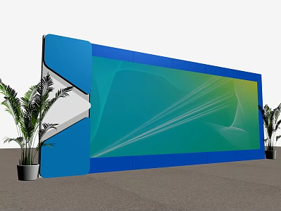 Large Blue Billboard Featuring Turquoise Gradient White Lines And Green Palm Plants On Gray Ground 3d model