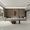 Modern Living Dining Room With Marble Wall TV Beige Sofa Large Window And Coffee Table