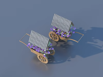 Decorative Carts With Checkerboard Pattern Covers Wooden Wheels And Purple Flowers 3d model