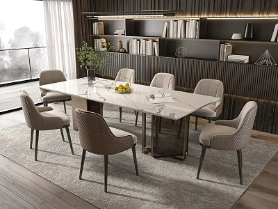Modern Dining Table Set with White Marble Top and Six Light Gray Padded Chairs 3d model