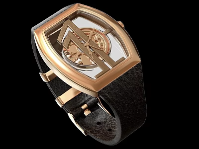 Luxury Gold Case Watch With Black Leather Strap And Intricate Dial Design 3d model