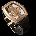 Luxury Gold Case Watch With Black Leather Strap And Intricate Dial Design