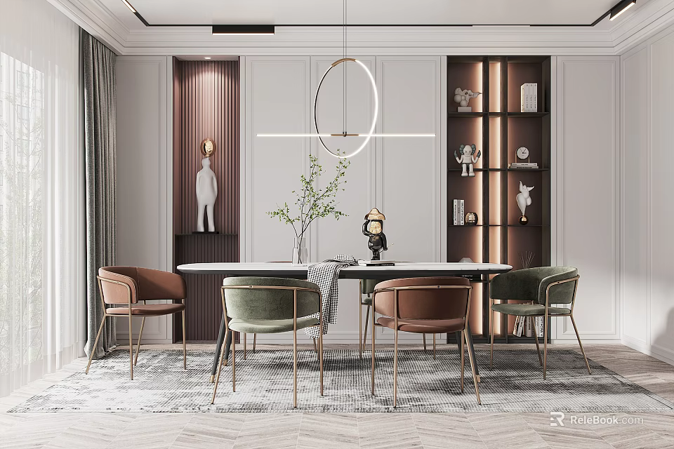 Modern Elegant Restaurant Interior With Dining Table Chairs Pendant Light Green Plant And Display Cabinet 3d model 