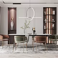 Modern Elegant Restaurant Interior With Dining Table Chairs Pendant Light Green Plant And Display Cabinet