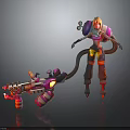 Cyberpunk Female Character With Pink Red Mechanical Creature And Gold Hair Features