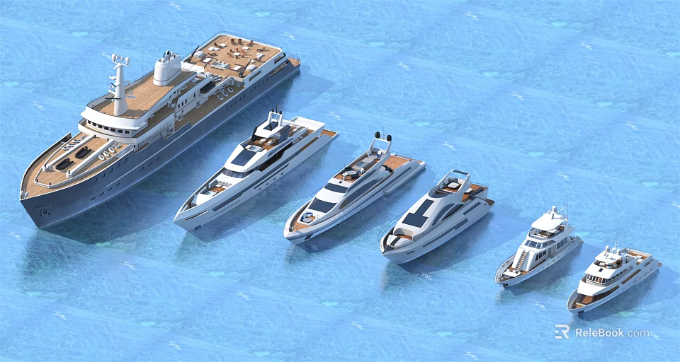 Different Types Of Luxury Yachts Sailing On Blue Ocean Water 3d model 