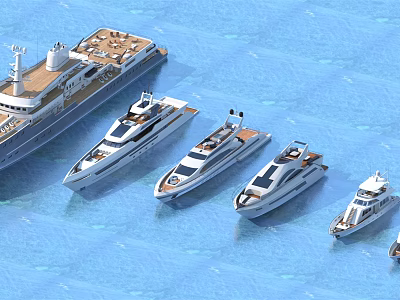 Different Types Of Luxury Yachts Sailing On Blue Ocean Water 3d model