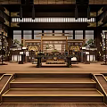 Traditional Chinese Reception Hall With Wooden Structure Long Tables Lanterns Symmetric Layout And Carved Decorations
